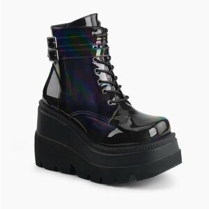 Demonia Black Hologram Platform Ankle Boots